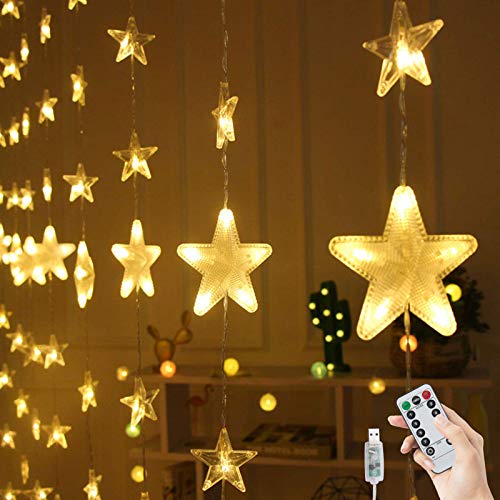 BLOOMWIN Guirnaldas Luminosas Estrellas Cortina Luces 2m x 1.6m 144 LED 80 Estrellas USB con Control Remoto 8 modos Cadena Luces de Navidad para Balcón, Ventana, Pared, Escaparate, Boda, Fiesta