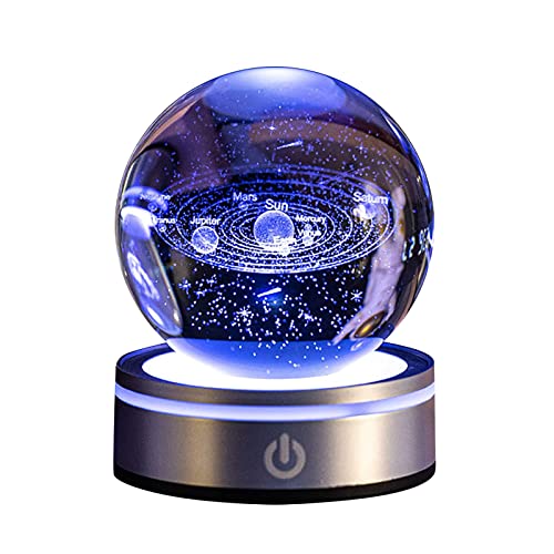 Bola de Cristal 3D,Bola de cristall con la Base de la lámpara del LED,Bola Transparente de Sistema Solar de 80mm (3.15 Pulgadas),Decoración del Hogar Regalos para Niños Aficionados a la Astronomía