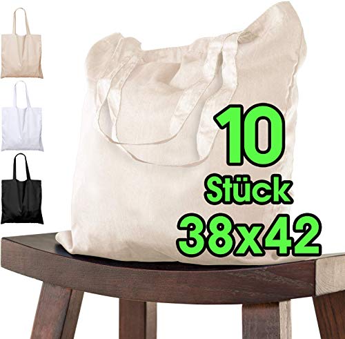 Bolsa de algodón para pintar 38x42 - 10 piezas natural para niños con asa CORTA - sin imprimir certificado OEKO-TEX® - bolsa de tela, bolsa de transporte, bolsa de compras de 140g / m de grosor