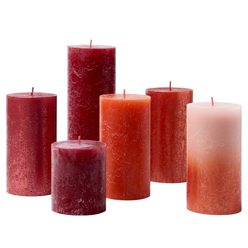 Bolsius Cosy Reds - Juego de 6 velas rústicas de regalo, color rojo acogedor, largo tiempo de combustión, vela para el hogar, decoración de interiores, sin perfume, cera vegana, 4 tamaños