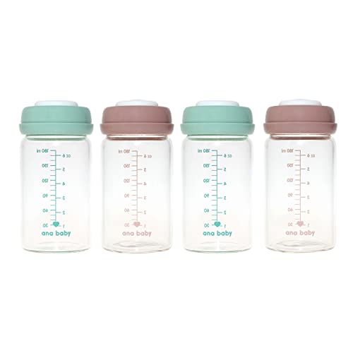 Botellas de vidrio premium para almacenamiento de leche materna, paquete de 4, 180 ml, aptas para lavavajillas, congelador y microondas (botellas de vidrio para almacenamiento de leche materna, 4 x