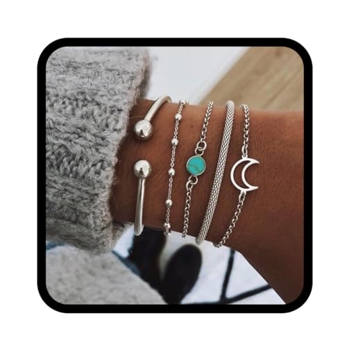 Branets Juego de pulseras de luna en capas Boho, brazaletes de cuentas de plata, cadena de mano turquesa, joyería para mujeres y niñas (5 piezas)