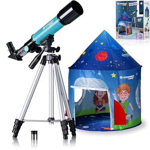 Bresser - Telescopio Refractor Junior 50/360 para niños - Juego de iniciación a la astronomía con Tienda, telescopio Refractor, trípode, Montura azimutal, oculares y Espejo cenital