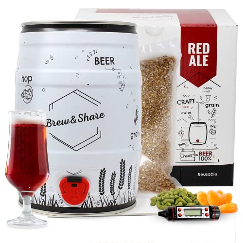 | Brew&Share | Kit para hacer cerveza Red Ale con mandarina bavaria | Fabricado en España | Tu cerveza en 2 semanas. Elaboración con maltas. Fermentación en barril. Materiales reutilizables.