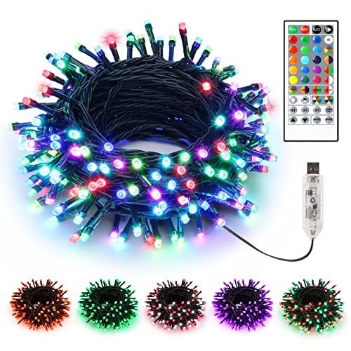 BrizLabs Luces Navideñas para Exterior, 10M 100 LED USB Cadena de Luce Interior Cambio de Colores RGB Decoración Navidad Exterior Impermeable con Remoto para Jardín Árbol Habitación Fiesta Halloween