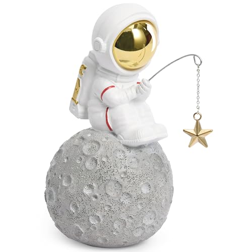 BRUBAKER Figura decorativa de astronauta pescando por estrellas, pescador sentado en la luna, 17 cm, figura espacial espacial con ángel y casco cromado, estatua moderna de vuelo espacial pintada a