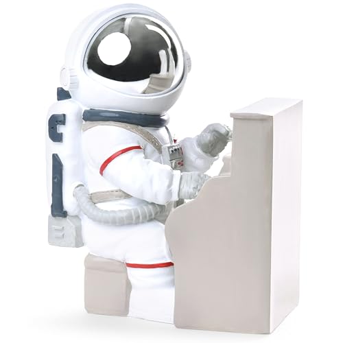 BRUBAKER Figura decorativa de astronauta, pianista, 16 cm, figura espacial con piano y casco cromado, pintado a mano, estatua espacial moderna para músicos, color blanco y plateado
