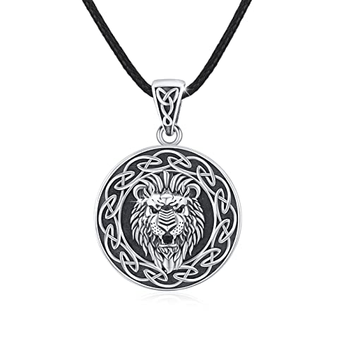 Cadena de león para hombre de plata de ley 925 con cabeza de león, collar de nudo celta, cadena de león, amuleto de león, colgante de amuleto, joyería de animales, regalo para mujeres