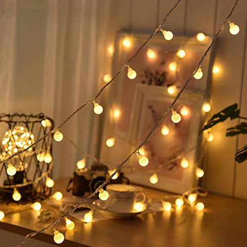 Cadena de luces LED para exteriores, con pilas, para interior, decoración navideña, 5 m, 50 LED, bolas de luz, pilas, resistente al agua, luz blanca cálida, iluminación navideña para habitación