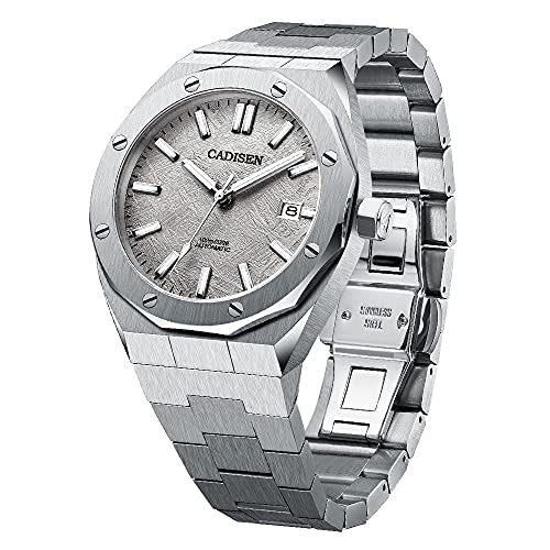 CADISEN Reloj automático para hombre, cristal de zafiro, 100 m, resistente al agua, reloj de pulsera, Meteorito Gris, 42MM, Pulsera