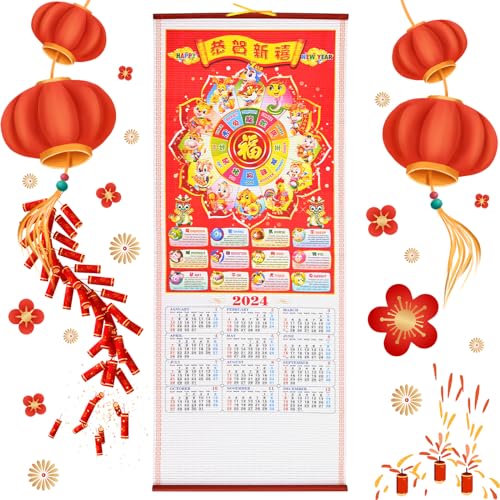 Calendario Chino Año Nuevo Chino Calendario Colgante 2023 Año del Conejo Calendario de Pared Desplazamiento,Calendarios Chinos,Calendario del Conejo para Hogar Oficina Organización Planificación