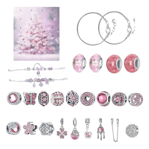 Calendario de Adviento de pulseras de bricolaje 2023, kit de fabricación de joyas de 24 días de Adviento para niñas, pulsera de abalorios, regalo de cuenta regresiva, con 22 accesorios de pulsera rosa