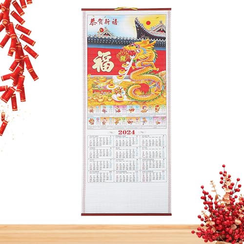 Calendario de pared de Año Nuevo chino 2024 – Calendarios lunares de desplazamiento de pared chino para el año del dragón, calendario colgante del dragón del zodiaco decoración de pared