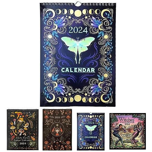 Calendario Luna Bosque Oscuro 2024 | Calendario Lunar 2024 Fases Lunares la Luna | Calendario Familiar Mural Mural Mensual | Decoraciones Astrología Calendario Celestial Para La Oficina