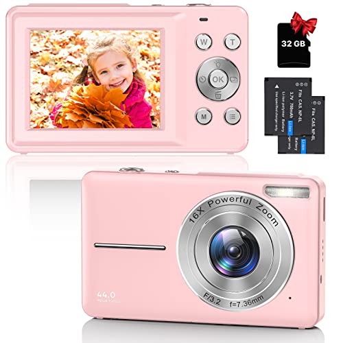 Cámara de Fotos Digital Compacta con Tarjeta 32GB, 44MP 1080P HD 2,4 Pulgadas Recargable con Zoom 16X para Principiantes, Niño, Adulto (Rosa)