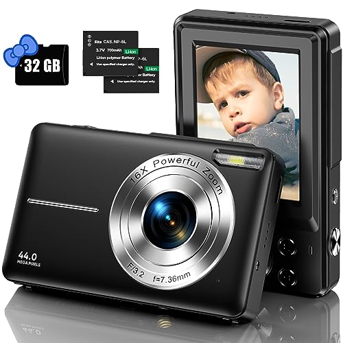 Cámara de Fotos Digital con Tarjeta de Memoria Micro 32G, 1080P 44MP Compacta HD con Zoom Digital de 16x y 2 Pilas para Niños y Principiantes-Negro