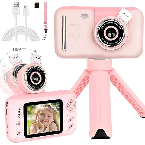 Cámara de fotos infantil con lente flip de 180°, pantalla 1080P HD de 2,4 pulgadas, trípode y tarjeta SD de 32 GB, juguete para niños de 3 a 12 años, regalo de cumpleaños y Navidad (rosa)