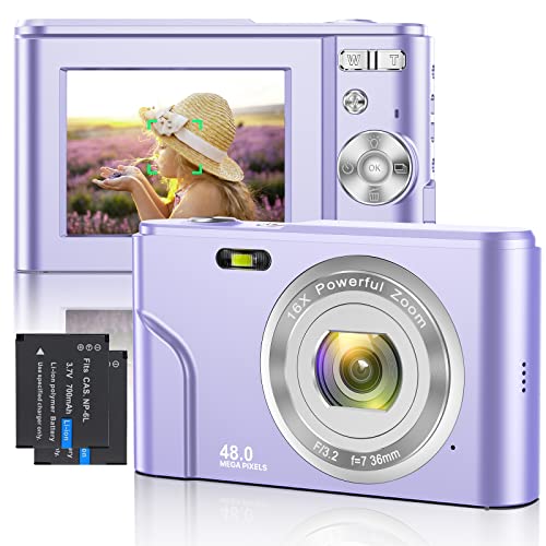 Cámara Digital 1080P FHD Mini Enfoque Automático Cámara de Videoblogs 48MP Recargable Pequeña Cámara Vlog Compacta con Zoom Digital 16X (Violeta)