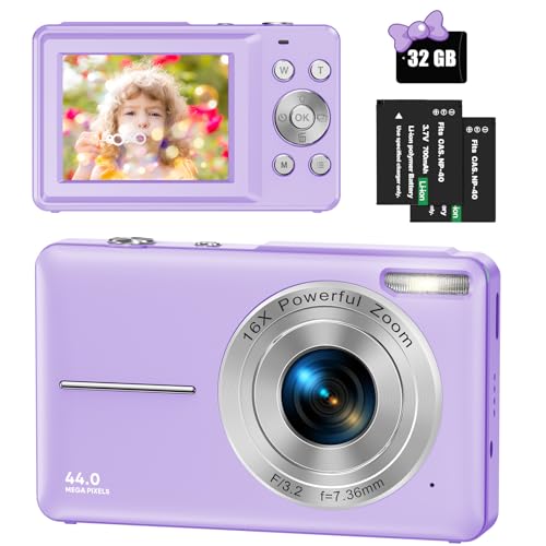 Cámara Digital 1080P HD 44MP con Tarjeta de 32GB, Camara Fotografica con Zoom Digital 16X, LCD de 2,4" y 2 Baterías, Apta para Niños, Adolescentes, Principiantes(Morado)