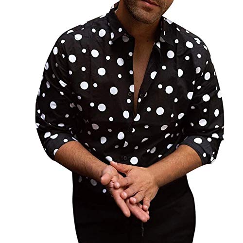 Camisa Estampada para Hombre Camisa de Negocios de algodón de Manga Larga Top con Estampado de Lunares Casual Moda Shirt Slim fit cómodo Camisas Negro 94