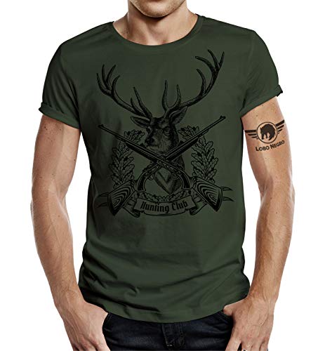 Camiseta de cazador, diseño de ciervo con texto Hunting Club, Todo el año, Estampado., Hombre, color verde oliva, tamaño L