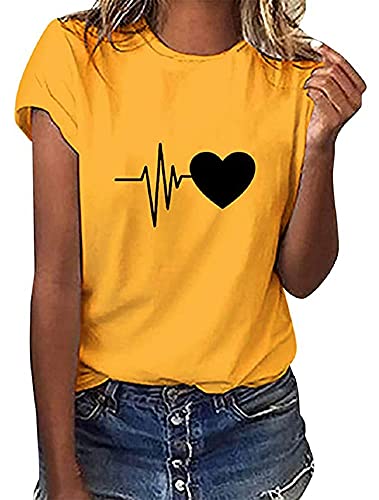 Camiseta de Mujer Manga Corta con Estampado de Corazón Camiseta básica de Cuello Redondo Camiseta básica Ligera Camiseta Suelta Algodón Suavizado Verano Casual Tops