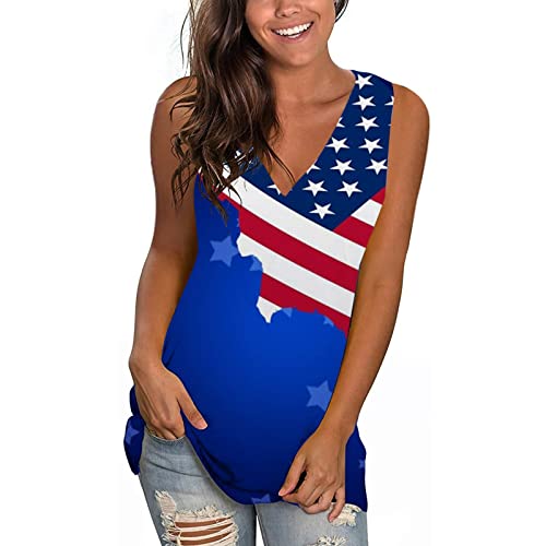 Camiseta de tirantes vintage de la bandera de Estados Unidos sin mangas para mujer, camiseta de tirantes con diseño de estrellas a rayas con cuello de tripulación, azul, S