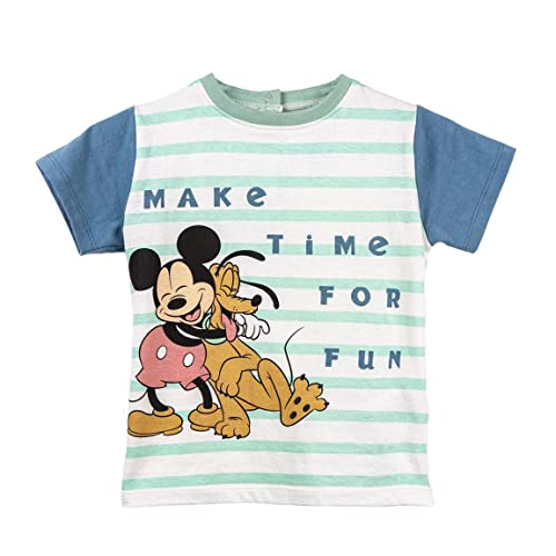 Camiseta Infantil de Mickey Mouse y Pluto - Color Azul y Verde - Talla 36 Meses - Camiseta de Manga Corta Elaborada con Algodón 100% - Colección de Disney - Producto Original Diseñado en España