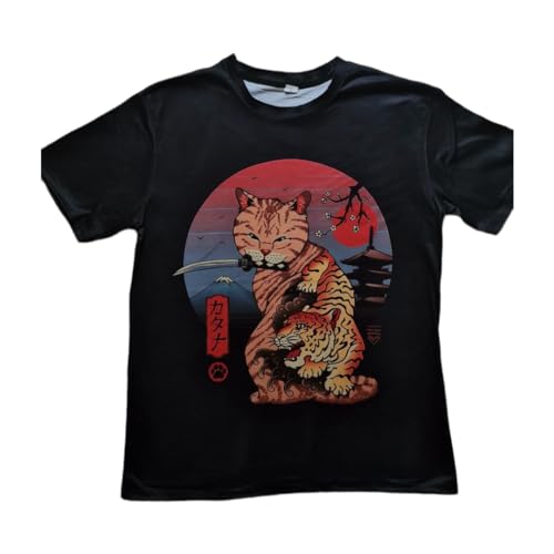 Camiseta para Hombre de Gato japonés con Tatuaje de Tigre y Katana en Boca, Paisaje de Fondo con Atardecer Rosado - Camisa Estampada 3D Estilo Unisex Manga Corta. (M)