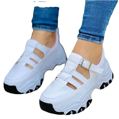 CANIAN Plataforma de Zapatillas de Moda para Mujeres, Zapatillas de Deporte de Plataforma de Mujer Hebilla de Gamuza de Punta Redonda Hecha para el Casual Diario,Blanco,43