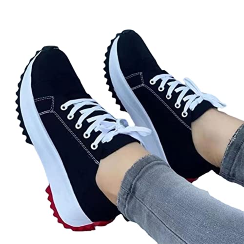 CANIAN Zapatillas de Deporte con Cordones de Plataforma para Mujer: Zapatillas de Lona Transpirables para Caminar, Zapatillas Casuales para Correr,Negro,42