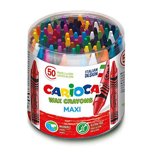 Carioca Maxi Wax Crayons, Lápices de Cera con Punta Gruesa Lavables para Niños, Suave y Fluido, 24 Colores Luminosos Surtidos, Fácil de Sacar Punta, 50 Piezas