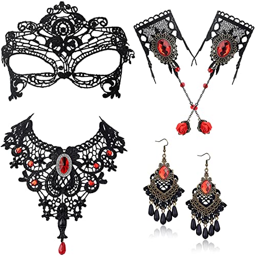 CASSIECA Disfraces de Halloween Joyas -Gargantilla Negra con Collar de Encaje para Mujer Máscara Pulsera y Pendientes Decoraciones de Boda de Halloween Punk Party Gothic Vintage Pulsera Hecha a Mano