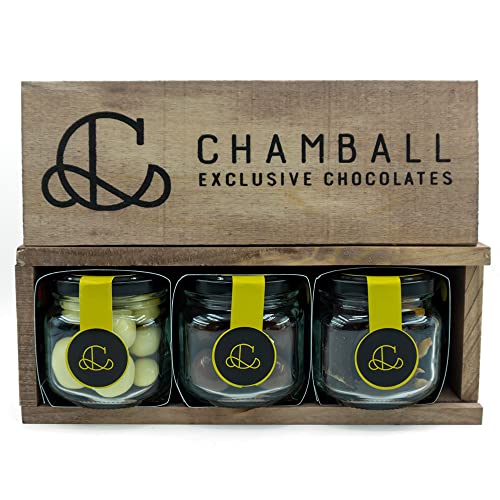 Chamball Degustación Fruits · 3 Frascos de Bombones de Chocolate Belga · Exclusivos Bocados de Chocolate Artesanal en 3 Sabores · Nuevo Packaging en Caja de Madera · Perfecto para Regalar