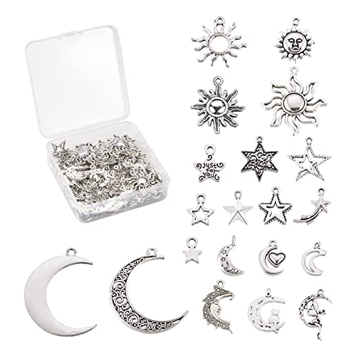 Cheriswelry 100 colgantes de plata envejecida con diseño de sol, luna, estrella, 20 estilos, metal tibetano, celestial, mezclado para manualidades de joyería
