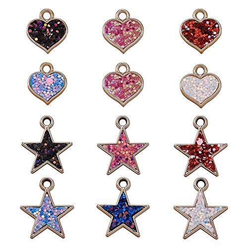 Cheriswelry 22 colgantes de corazón de estrella con purpurina, 6 colores, de plástico, con corazón, para hacer joyas, pulseras, agujero: 3 mm