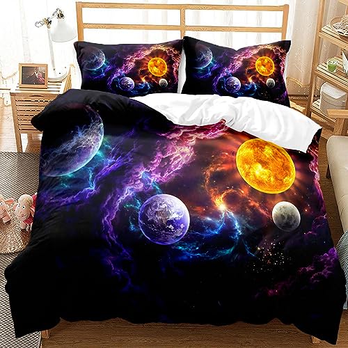 CIUNVXD Juego de ropa de cama infantil con temática del espacio exterior, 3D, cielo estrellado, universo, ropa de cama infantil, planeta, cielo nocturno, universo (A, 135 x 200 cm)