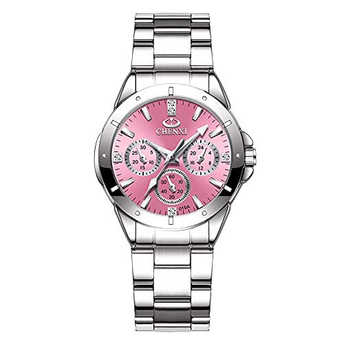 Clastyle Reloj Mujer Plata Cronógrafo Decorativo - Moda Reloj Analógico Mujer con Esferas Rosa - Elegante Mujeres