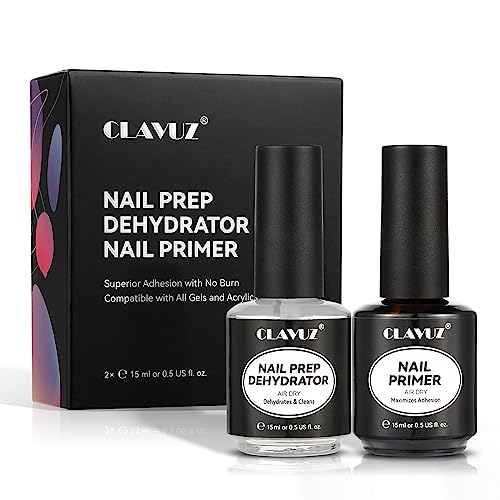 CLAVUZ Primer y Deshidratador de Uñas, Preparación de Uñas Para Polvos Acrílicos y Esmalte de Gel 2x15ml