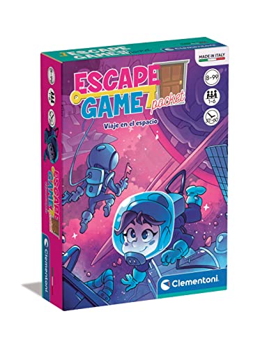 Clementoni- Escape Game-Viaje en el Espacio Juego de Mesa, Multicolor, Mediano, Incluye 30 cartas, 6 objetivos, 6 fichas, 1 libro reglamento (55498)