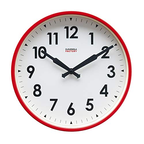 Cloudnola Factory Reloj de Pared Inspirado por los Antiguos Relojes de Fabricas – Metal - Rojo y Blanco - 30 cm – Silencioso – Movimiento de Quartz -Pilas - con Numeros
