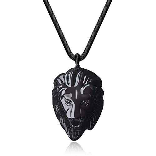 COAI Collar con Colgante León de Obsidiana Negra Piedra Natural para Hombre
