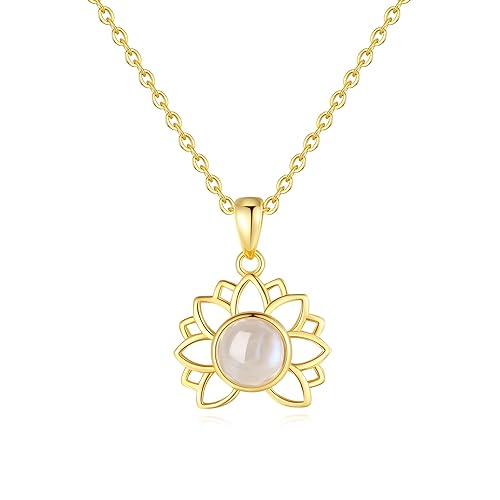 COAI Collar de Plata Chapada en Oro y Cristales para Mujer con Colgante Flor de Loto de Piedra de Luna