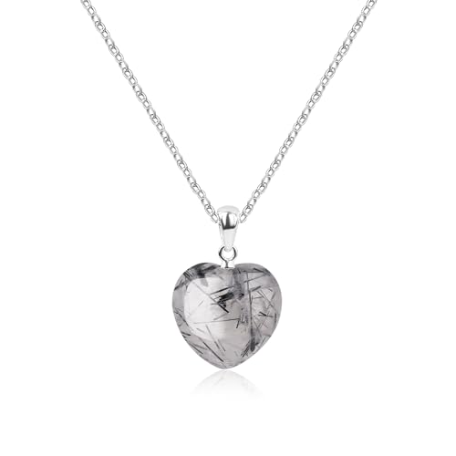 COAI Collar para Mujer de Cuarzo Rutilado Negro y Plata de Ley 925 con Colgante Corazón de Piedras Semipreciosas Naturales