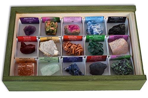 Colección de 15 Minerales de África en Caja de Madera Natural - Minerales Reales educativos con Etiqueta informativa a Color. Kit de Ciencia de Geología para niños.