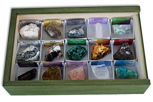 Colección de 15 Minerales de La Comunidad de Madrid en Caja de Madera Natural - Minerales Reales educativos con Etiqueta informativa a Color. Kit de Ciencia de Geología para niños.