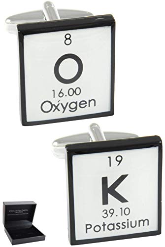 COLLAR AND CUFFS LONDON - Gemelos con Caja DE Regalo - Ok - Tabla Periódica - Símbolos Químicos - Latón - Color Negro y Blanco - Cuadrada