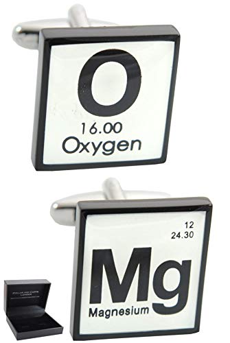 COLLAR AND CUFFS LONDON - Gemelos con Caja DE Regalo - OMG - Tabla Periódica - Símbolos Químicos - Latón - Color Negro y Blanco - Cuadrada