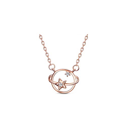 Collar de plata de ley chapada en oro rosa con colgante de estrella y planeta Saturno, joyería de moda con cadena ajustable de 16 a 18 pulgadas y caja de regalo
