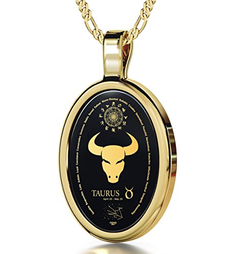 Collar del zodiaco en oro de 14ct - Colgante de Tauro con constelación, personalidad y símbolos inscritos en oro 24ct sobre gema de ónix - Regalar astrología para el cumpleaños